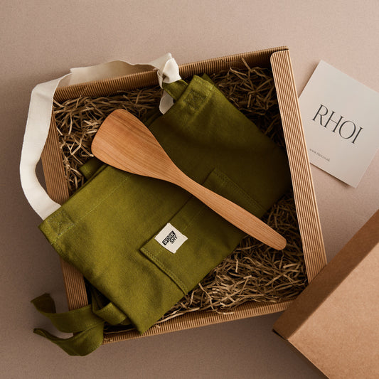 Handmade in wales green apron and cooking spoon