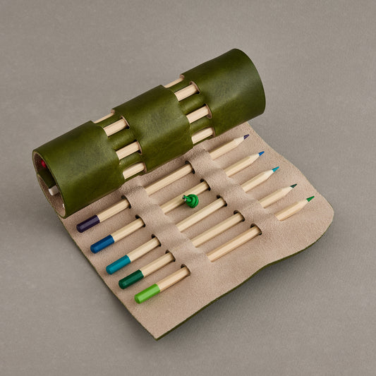 green leather colouring pencil roll