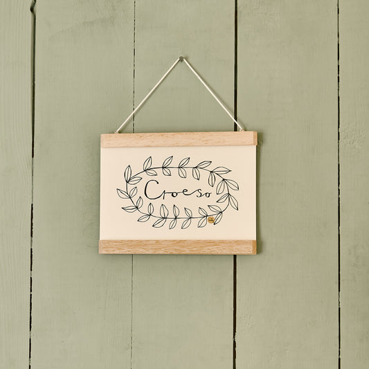 welsh croeso print wooden hanger
