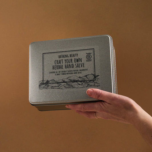 Hand holding a metal tin labeled 'Craft Your Own Herbal Hand Salve' against a brown background